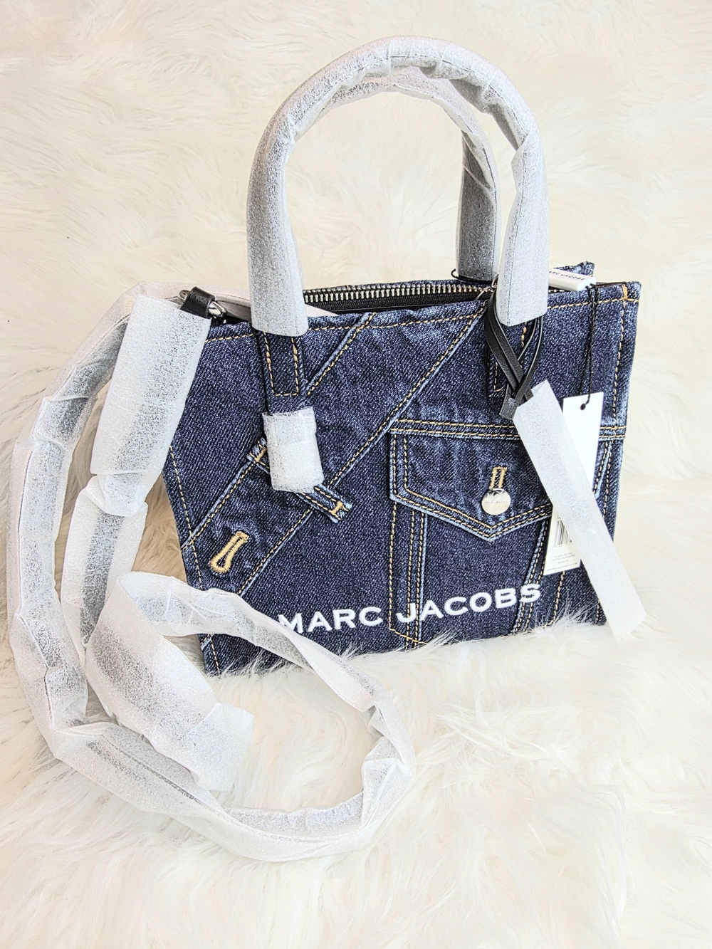 Marc Jacobs Grind Tote  Denim Mini Satchel/Crossbody White Logo MSRP $350 NWT